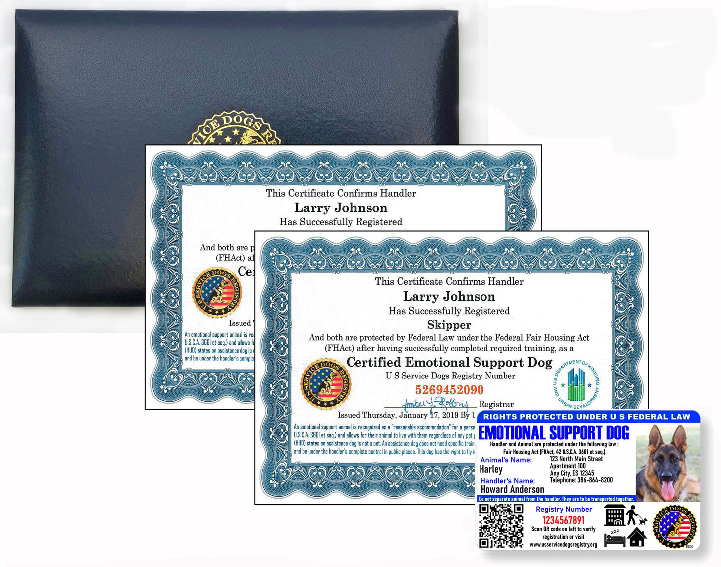 Official Certified Leather Presentation Folder & Fully Customized Set of 2 Certified Emotional Support Dog Certificates & 1 Custom ESA Photo ID Card (Custom Photo ID & 2 Certificates)