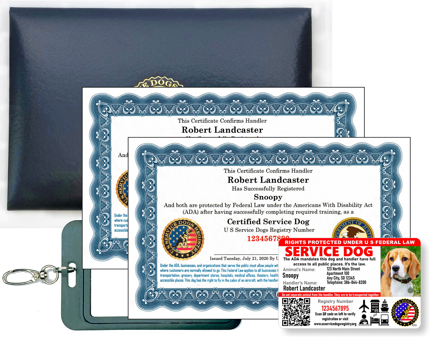 Official Certified Leather Presentation Folder & Fully Customized Set of 2 Certified Service Dog Certificates & 1 Custom Service Dog Photo ID Card (Custom Photo ID & 2 Certificates)