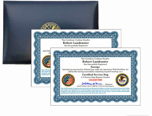 Official Certified Service Dog Customized Set of 2 Certificates with Raised Embossed Gold Seal & Leather Presentation Folder with Registration at U S Service Dogs Registry