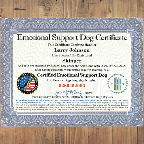 Official Certified Emotional Support Dog Customized Certificate | Includes Handler/Dog PVC Info Card & Registration at US Service Dogs Registry