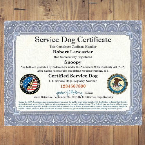 Official Certified Service Dog Customized Certificate with Raised Embossed Gold Seal | Includes Registration at US Service Dogs Registry