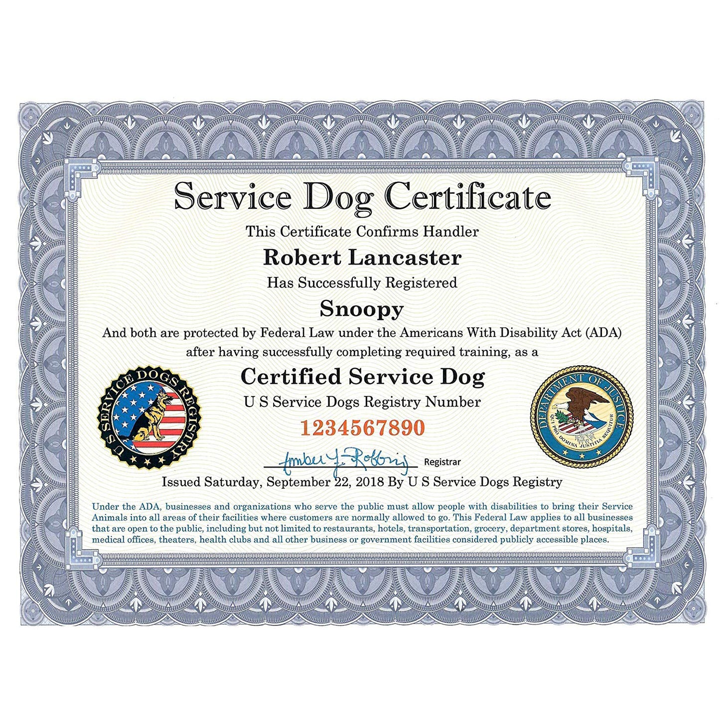 Official Certified Service Dog Customized Certificate with Raised Embossed Gold Seal | Includes Registration at US Service Dogs Registry