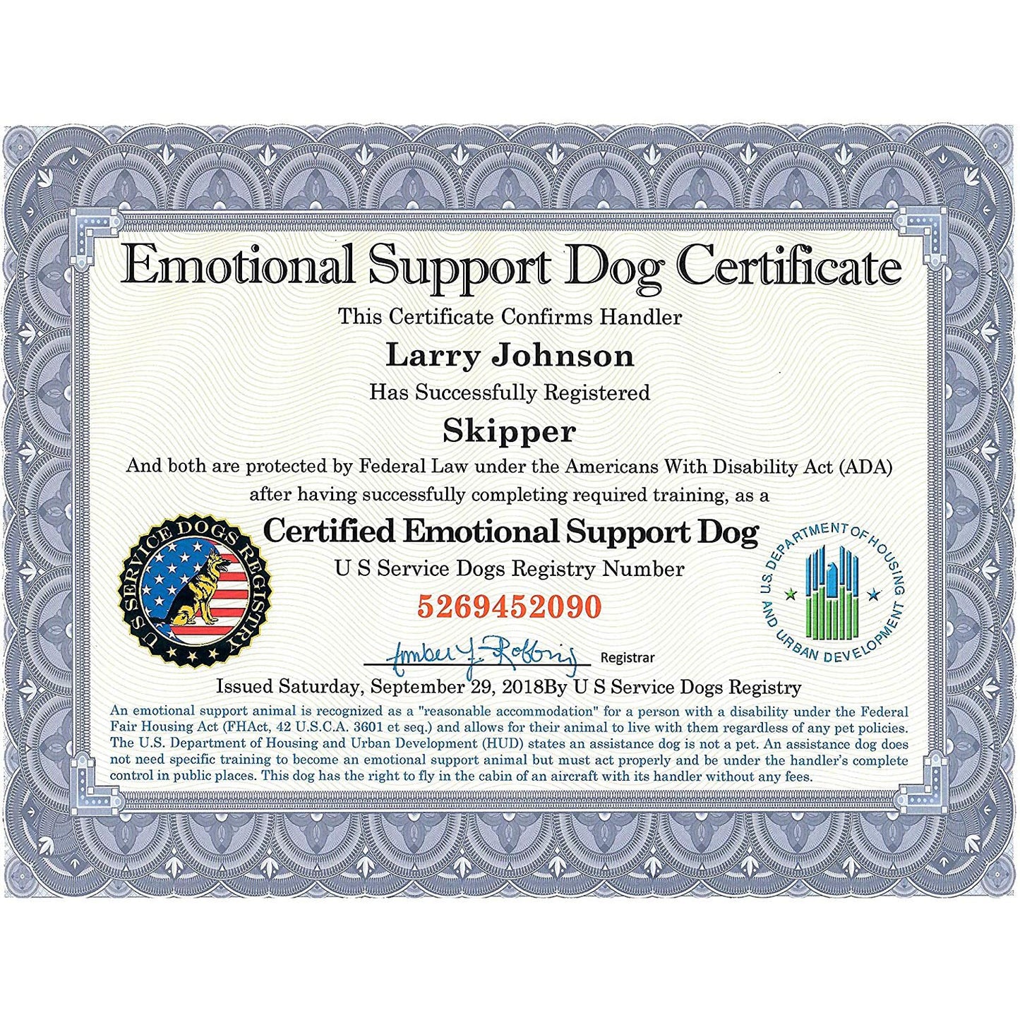 Official Certified Emotional Support Dog Customized Certificate | Includes Handler/Dog PVC Info Card & Registration at US Service Dogs Registry