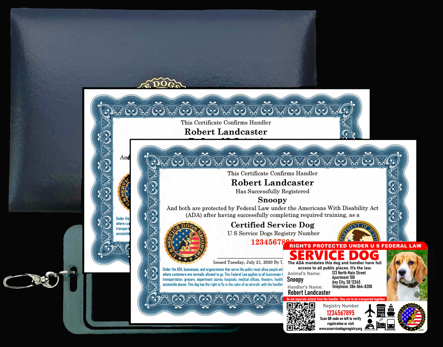 Official Certified Leather Presentation Folder & Fully Customized Set of 2 Certified Emotional Support Dog Certificates & 1 Custom ESA Photo ID Card (Custom Photo ID & 2 Certificates)