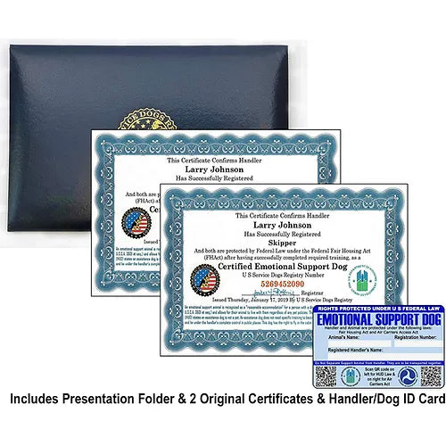 Official Certified Emotional Support Dog Certificates & Leather Presentation Folder, Customized Set of 2 Certificates Includes Handler/Dog Info PVC Card-with Raised Embossed Gold Seal